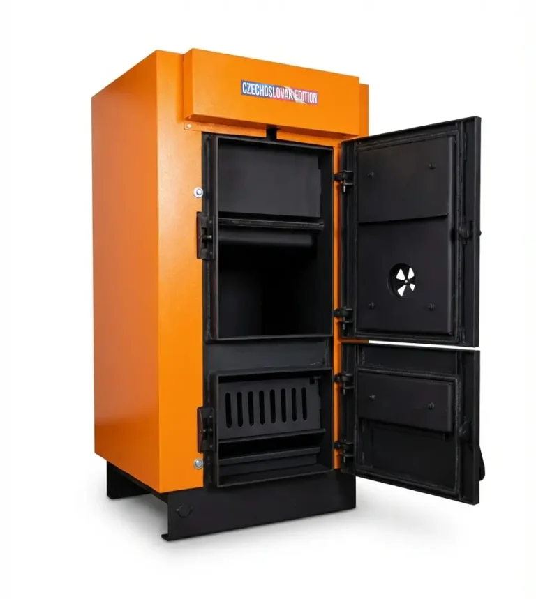 Kaloritherm D 35 kW oranžový kotol otvorené dvierka spaľovacia komora liatinový rošt